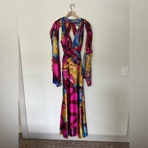 VINTAGE Y2K Sz 6 Open Back Deep V Multicolor Watercolor Formal Maxi Gown & Shawl